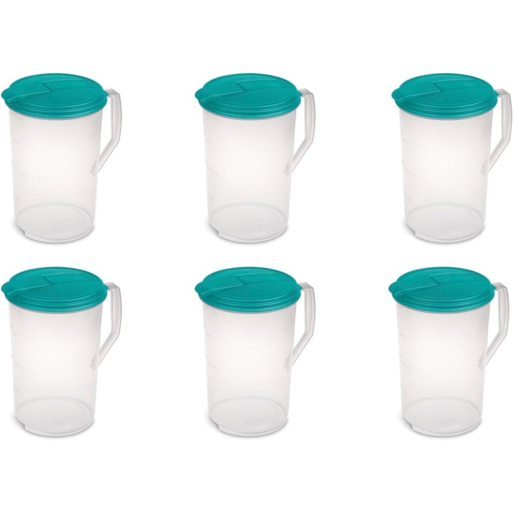 Sterilite 1 Gallon Round Pitcher, Spout and Handle for Easy Pouring of Water or Juice, Plastic, Dishwasher Safe, Plastic, Clear w/Teal Lid, 6-Pack