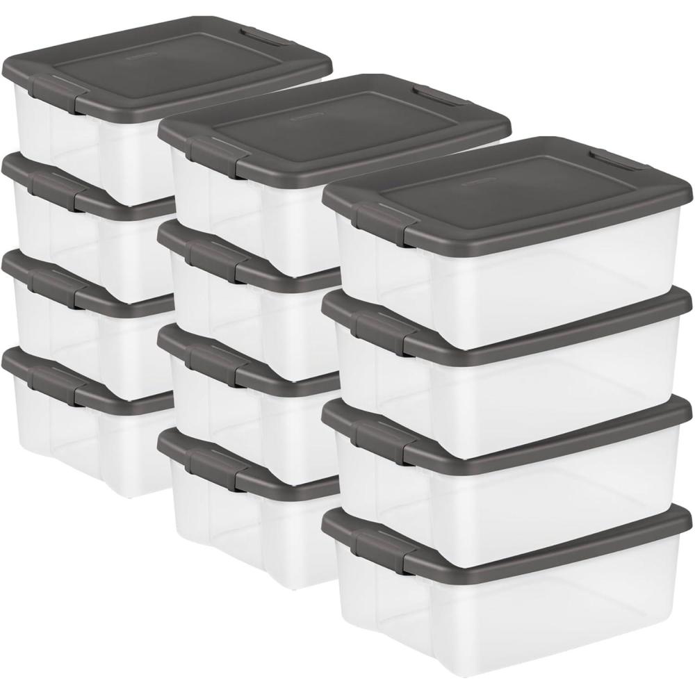 Sterilite 6-Pack ShelfTote, Clear Plastic Storage Bins with Lids, 50 Quart, Gray – Stackable Organizing Container Boxes for Closet, Bathroom, and Office(25 Quart Tote)