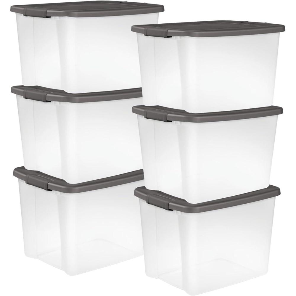 Sterilite 6-Pack ShelfTote, Clear Plastic Storage Bins with Lids, 50 Quart, Gray – Stackable Organizing Container Boxes for Closet, Bathroom, and Office(50 Quart Tote)