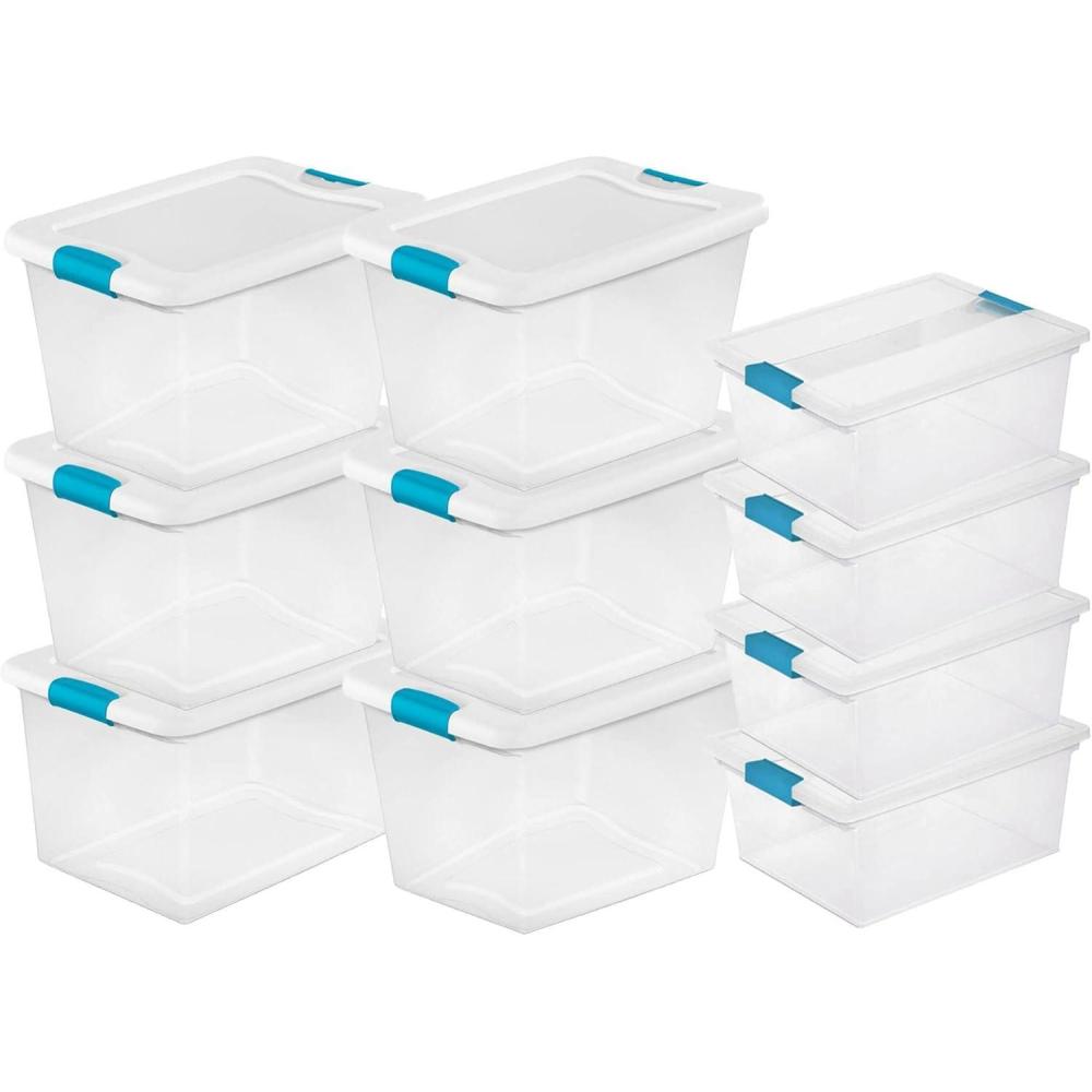 Sterilite 6 Pack 64 Quart Latching Storage Tote Bin & 4 Pack Deep Clip Box