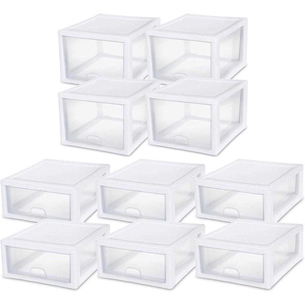 Sterilite 27 Qt (4 Pack) and 16 Qt (6 Pack) Clear Plastic Stackable Organizer Drawers, White