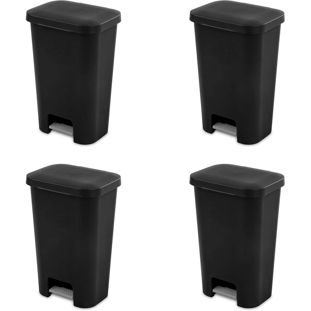 Sterilite 11.9 Gallon StepOn Wastebasket with Lid, Ideal in The Kitchen and Mudroom, Fits a Large 13 Gal Trash Liner, Pedal, Black Lid and Bin, 4-Pack