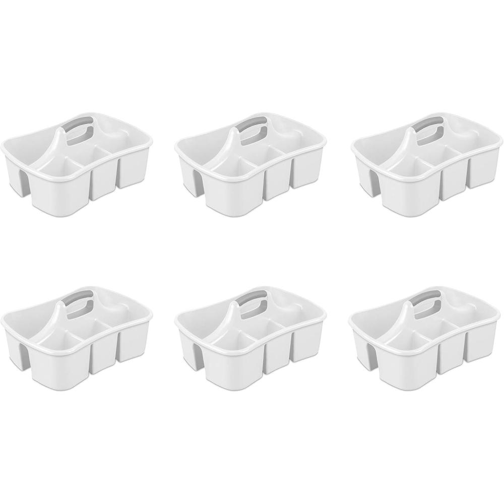 Sterilite Divided Ultra Caddy, Plastic, Portable Storage to Hold Bathroom and Cleaning Supplies, 5 Large Compartments and Handle, White, 6-Pack