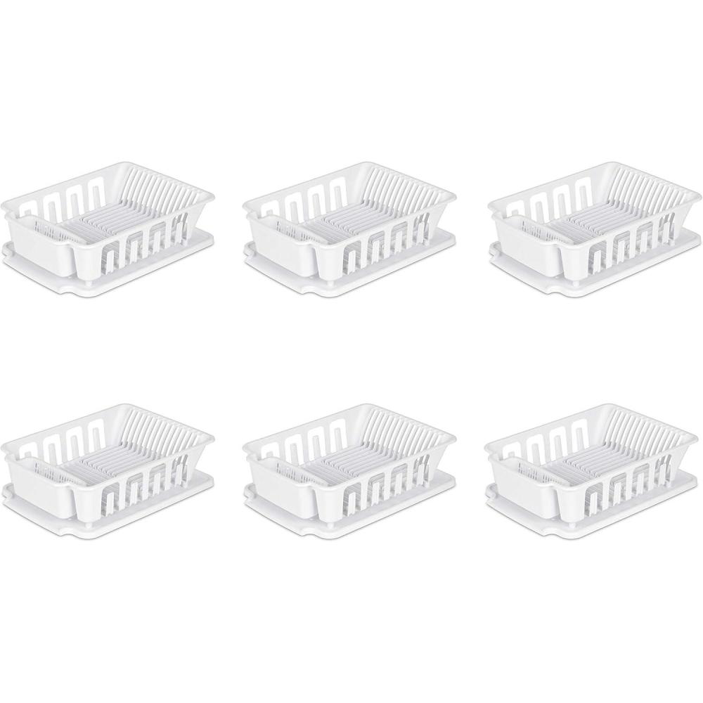Sterilite Large 2 Piece Sink Set, with Drainboard for Drying, Holds Clean Dishes in the Kitchen such as Plates, Cups, and Silverware, White, 6-Pack
