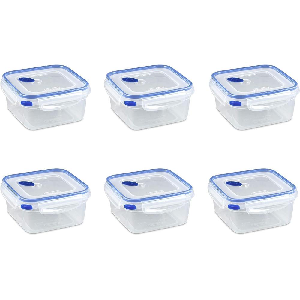 Sterilite Ultra-Seal 5.7 Cup Square, Airtight Food Storage Container, Latching Lid, Microwave and Dishwasher Safe, Clear With Blue Gasket, 6-Pack