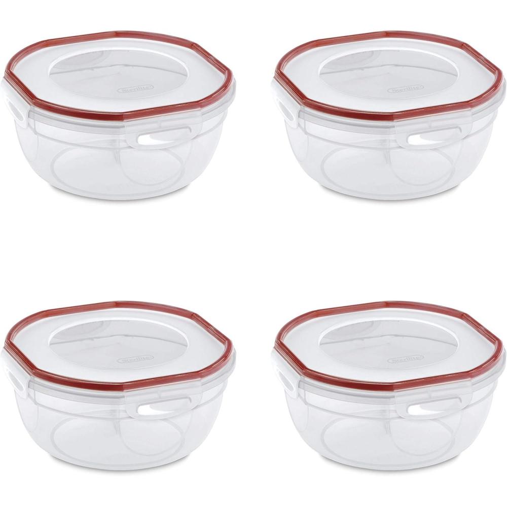 Sterilite Ultra-Seal 4.7 Qt Bowl, Large Airtight Food Storage Container, Latching Lid, Microwave and Dishwasher Safe, Clear With Red Gasket, 4-Pack(2.5 Qt (4-Pack))