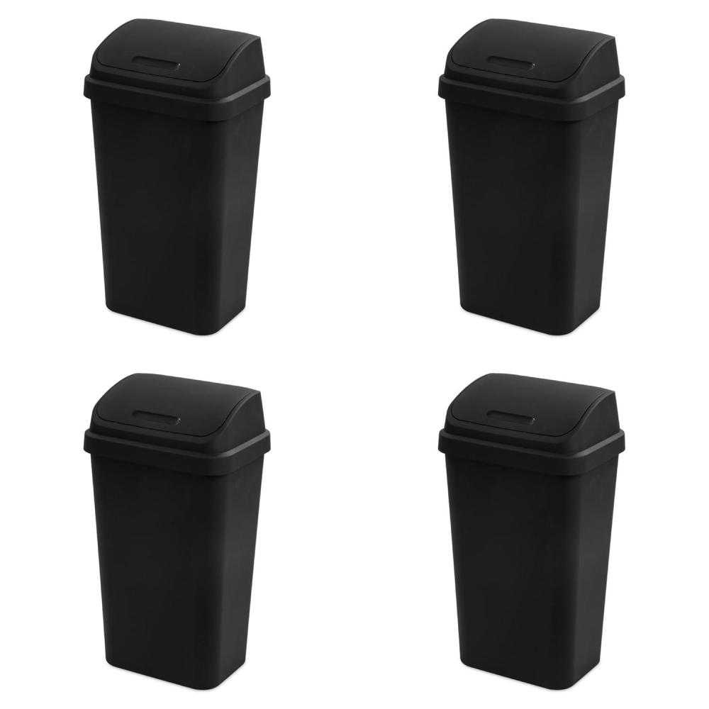 Sterilite 4-Pack Swing Top Wastebasket, Sleek Square Profile Trash Can, 13 Gallon, Black – Modern Garbage Bin for Kitchen, Bathroom, Garage and Workspace, Fits 13 Gal Liners(Black)