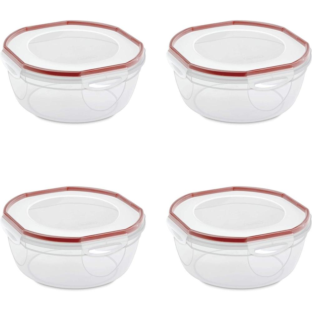 Sterilite Ultra-Seal 4.7 Qt Bowl, Large Airtight Food Storage Container, Latching Lid, Microwave and Dishwasher Safe, Clear With Red Gasket, 4-Pack(4.7 Qt (4-Pack))