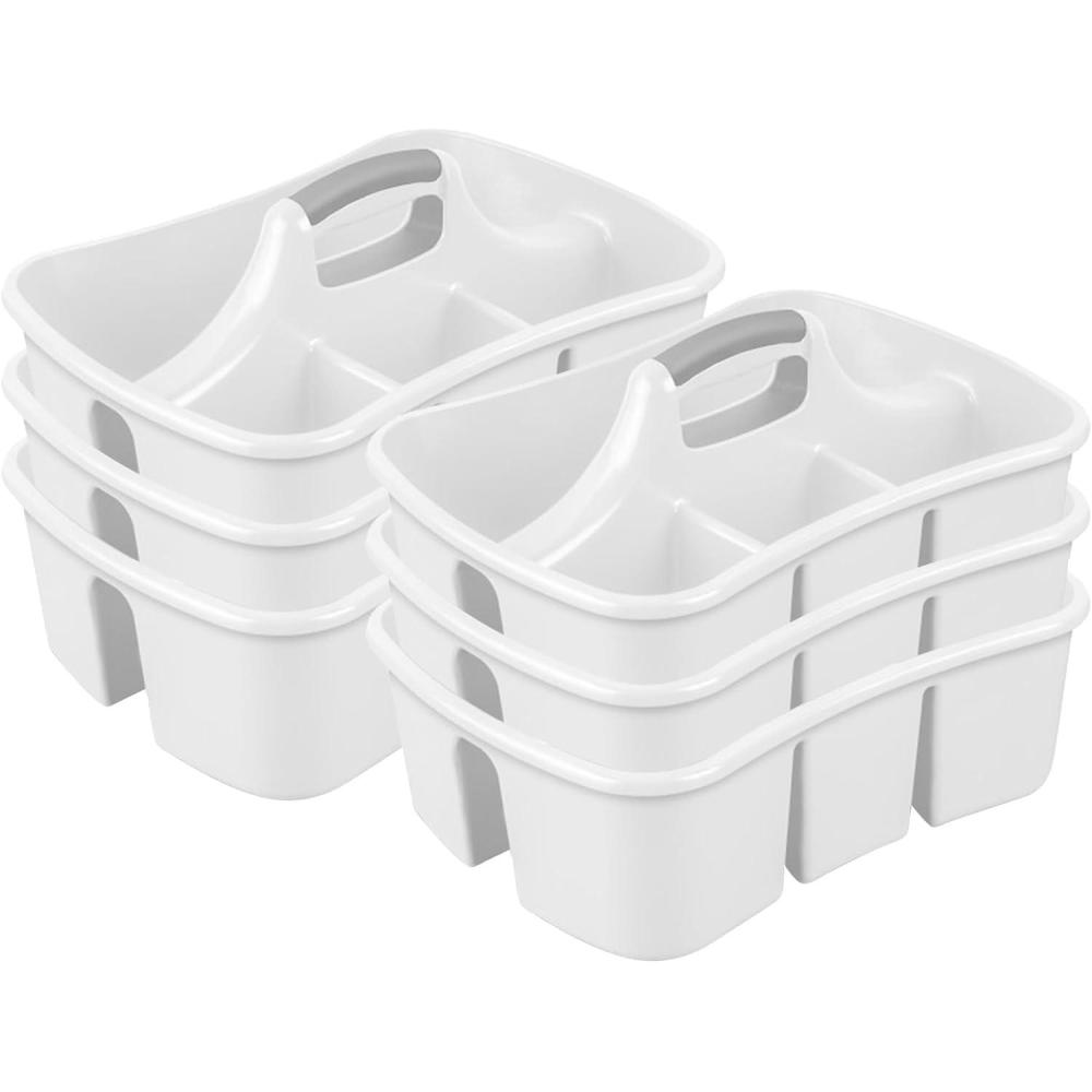 Sterilite 6 Pack Divided Ultra Caddy, Plastic Portable Storage to Hold Bathroom and Cleaning Supplies, White – 5 Large Compartment Organizer(6 Pack)
