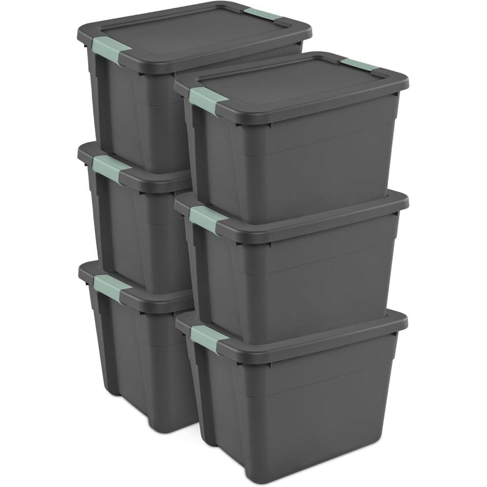 Sterilite 6 Pack 20 Gallon Latch Tote, Stackable Plastic Storage Bin Container, Gray/Green(6)