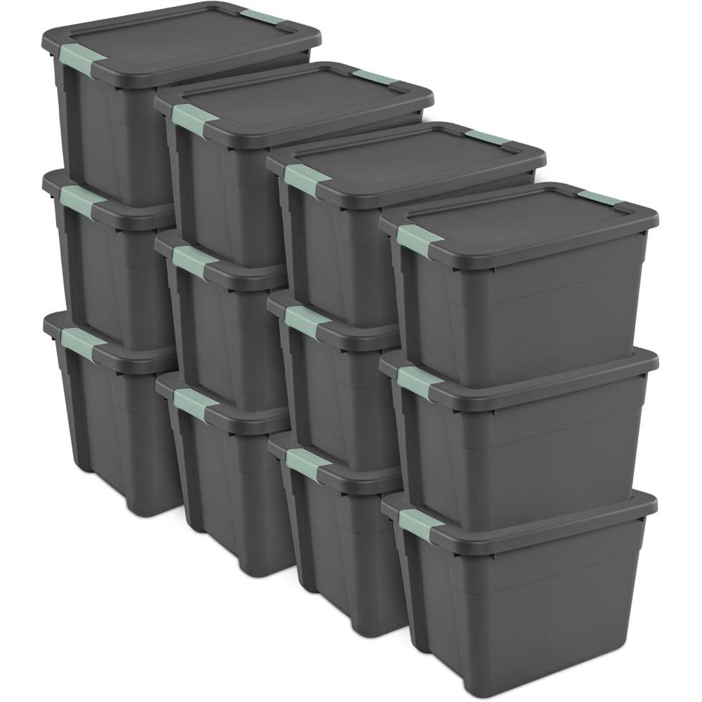 Sterilite 6 Pack 20 Gallon Latch Tote, Stackable Plastic Storage Bin Container, Gray/Green(12)